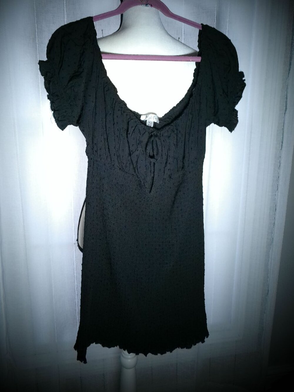 JUSTIFY Shrt Puffy Slves Elastic Neck/Back Eyelet Top Ruched Body Black Dress XL
